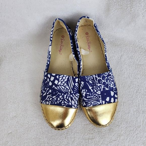 Lily Pulitzer Womens Blue White Floral Canvas Gold Toe Espadrill Slip On Flats 6 - Picture 2 of 8